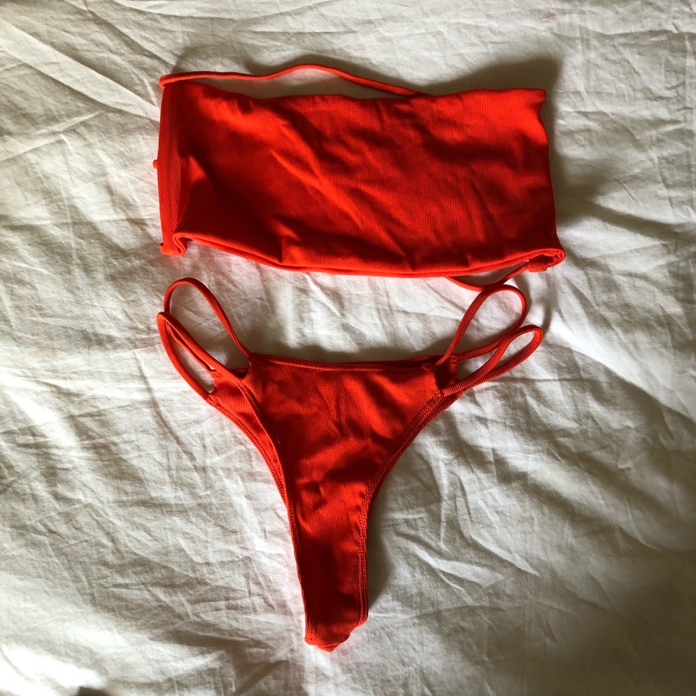 Red strapless bikini